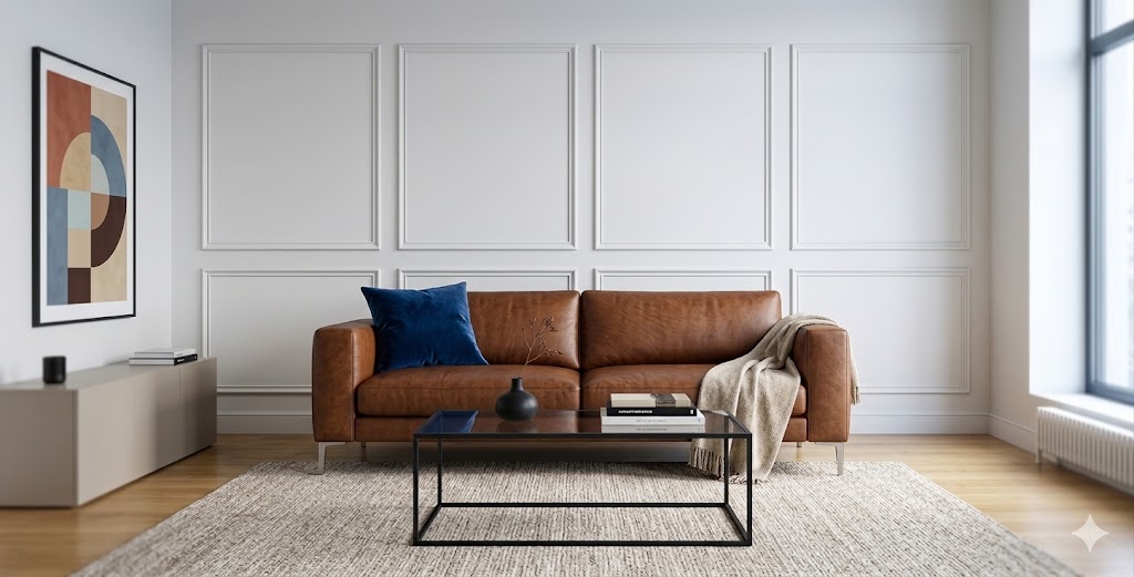 Living room with vertical box wall molding and a leather sofa
