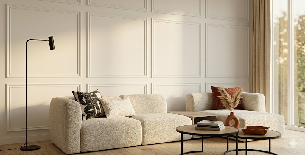 Warm neutral living room with a grid of box wall molding