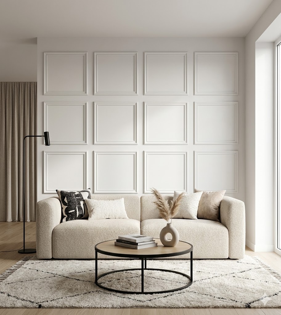 Neutral living room with a classic grid of box wall molding