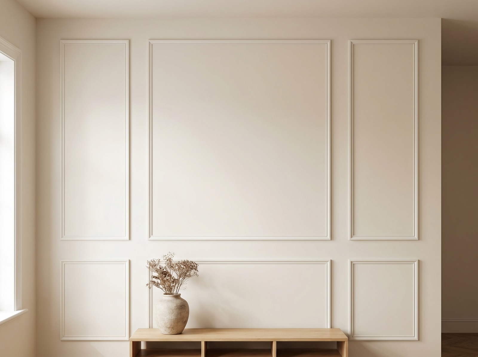 Center Stage box wall molding layout in a styled room
