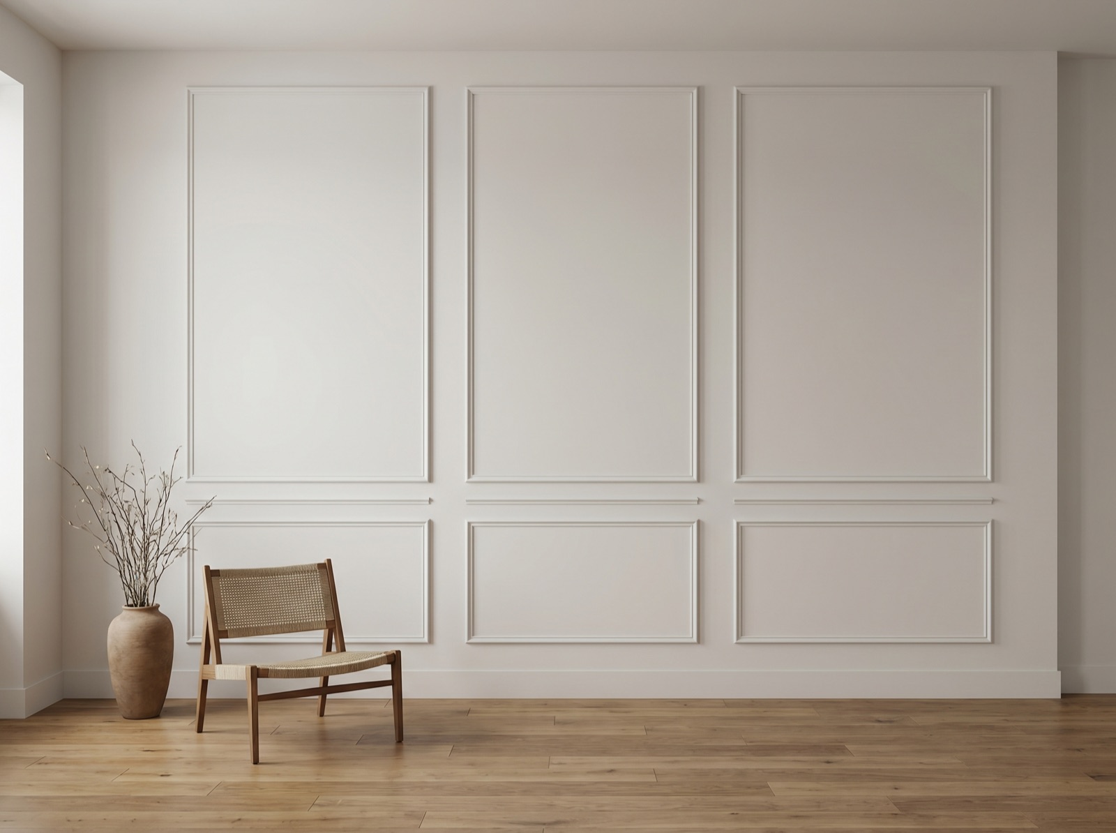 Elegant Vertical box wall molding layout in a styled room